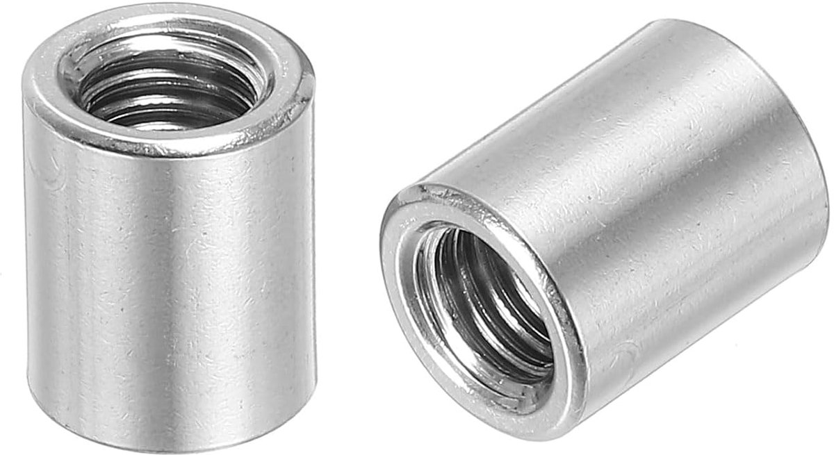 6 stuks moeren, ronde stekker M8, koppelingsmoer roestvrij staal 304 lengte 15 mm / 0,6 inch moer, bouten, staaf, huls, lengte houder, M8 x 15 x 12 mm