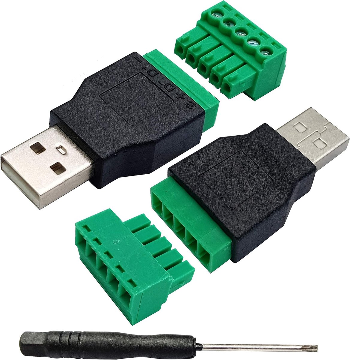 USB 2.0A Schroefdraad Klemmenblok Adapter USB 2.0A Mannelijk aan 5Pin/Way Vrouwelijke Bolt Afgeschermde Terminal Opladen en Data Transmissie Pluggable Adapter Connector(2individueel/Mannelijk)