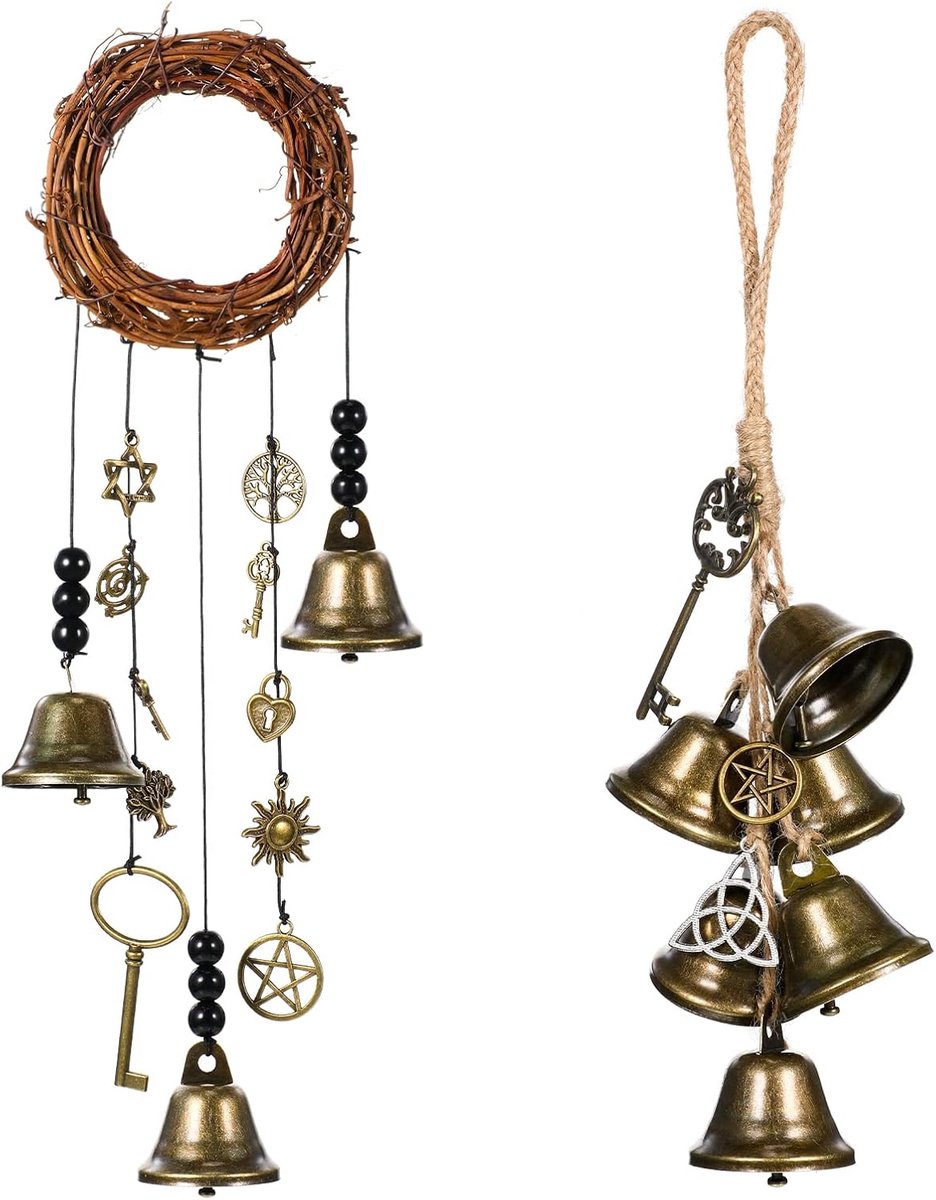 2 Stuks Heksen Klokken Bescherming Deur Hangers Heks Wind Chimes Krans Handgemaakte Opknoping Heksen Klokken Wicca Magic Wind Chimes voor Home Deurknop Hekserij Decoraties (Nieuwe Stijl)