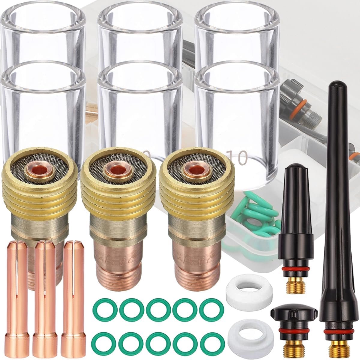 29Pcs For TIG Welding Torch Stubby Gas Lens #10 for Pyrex Glass Cup Kit for WP-17/18/26 TIG Welding Torch Accessories Kit, Collets Body, Collets, Back Cup, Cup Gasket, O-rings