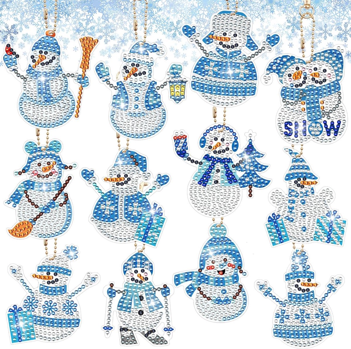 Set van 12 sneeuwpop kerstdecoratie, dubbelzijdig diamantschilderij, kinderhanger, kerstsleutelhanger, doe-het-zelfset