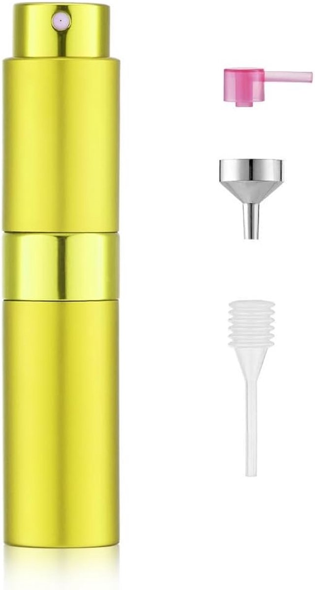 Parfum Verstuiver 8 ml Geel, Navulbaar Aluminium Parfumflesje met Trechter, Mini Reis Sprayfles voor Handtas, Toilettas, Parfum, Cologne en Aftershave