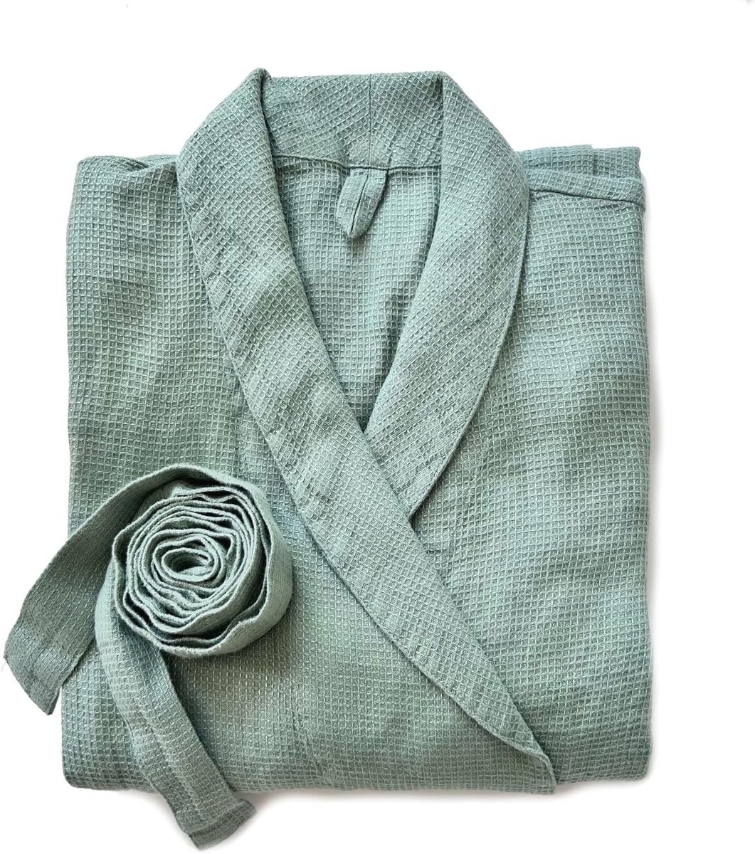 Unisex badjas ochtendjas van 100% fijn wafelpique linnen stonewashed met sjaalkraag (S/M, Jade)