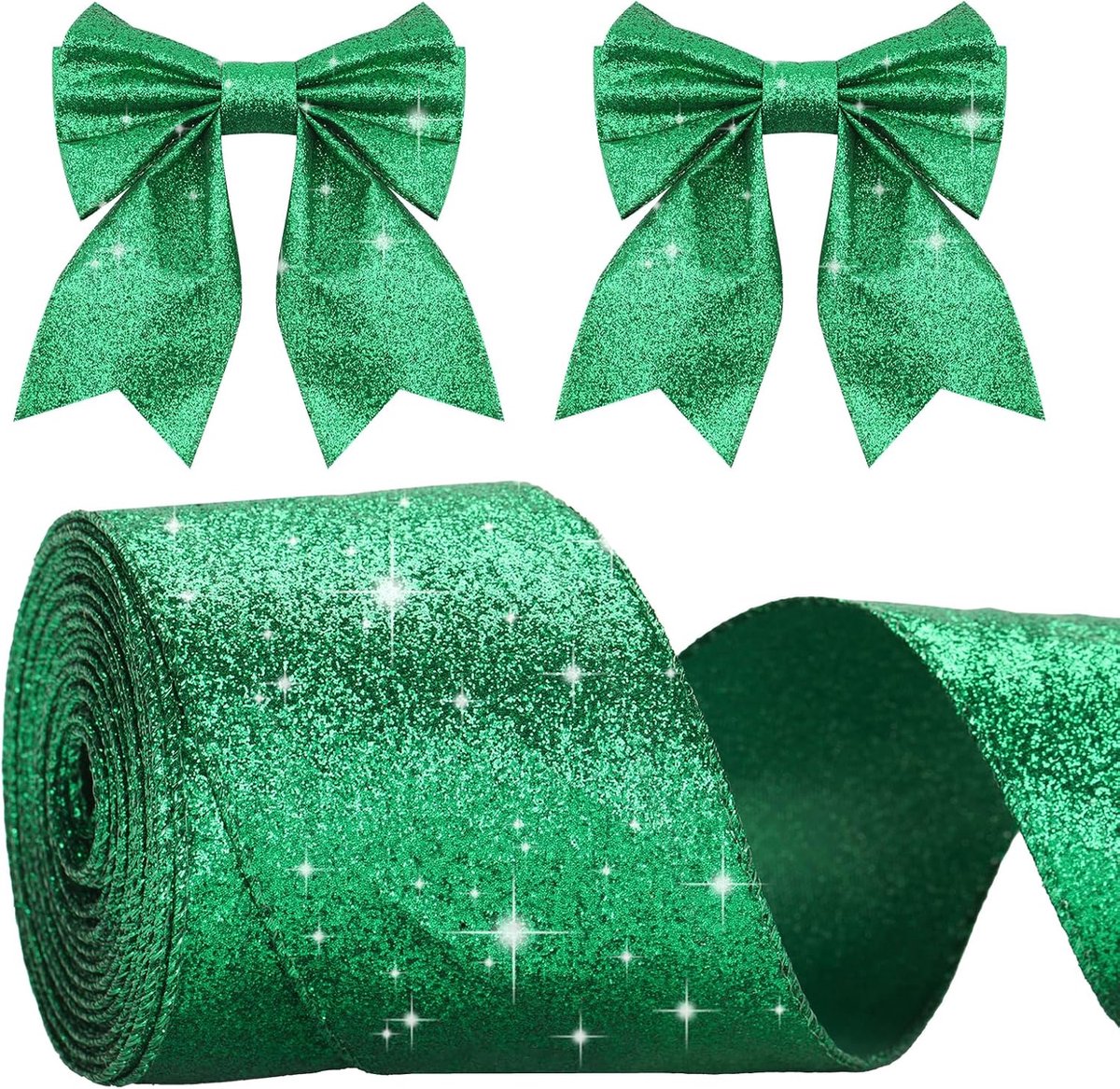 Groen lint met draad, 6 cm breed cadeaulint glitter, 10 m kerstlint met draadranden, groen kerstlint met glitter voor cadeauverpakking, kerstbomen decoratie