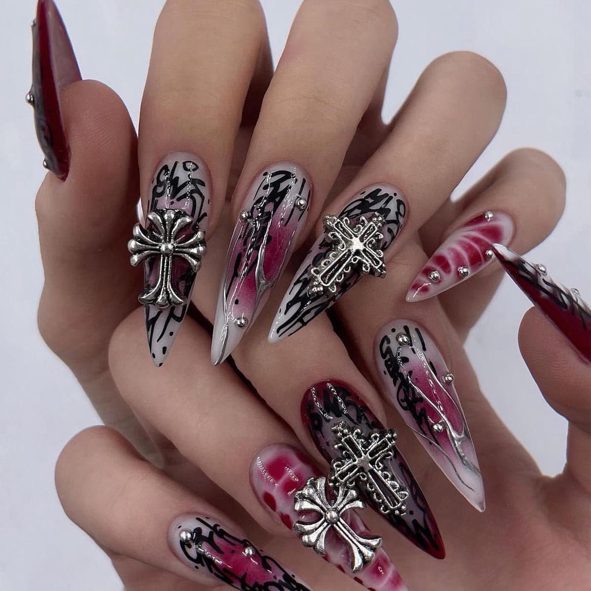 24 stuks Halloween nagelpers Franse stijl paarse vlam halo met kruis Spider 3D decoratie valse nagels voor vrouwen (A, 24)
