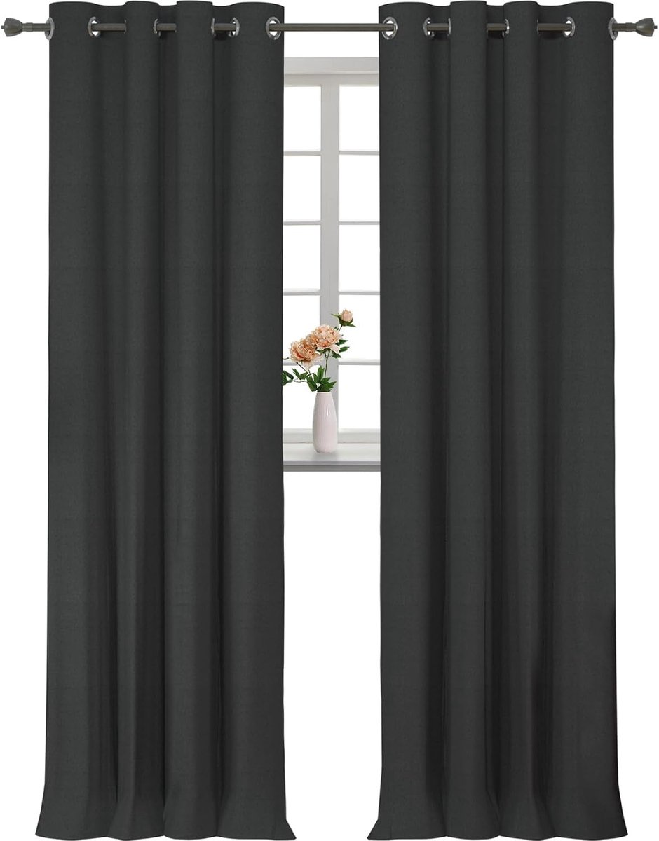 100% Verduisterend Linnen Effect Gordijnen Set Van 2, 140x300cm, Thermisch Isolerend Koud En Warm Gordijn Met Ringen, Thermogordijnen Voor Slaapkamer Woonkamer, Zwart