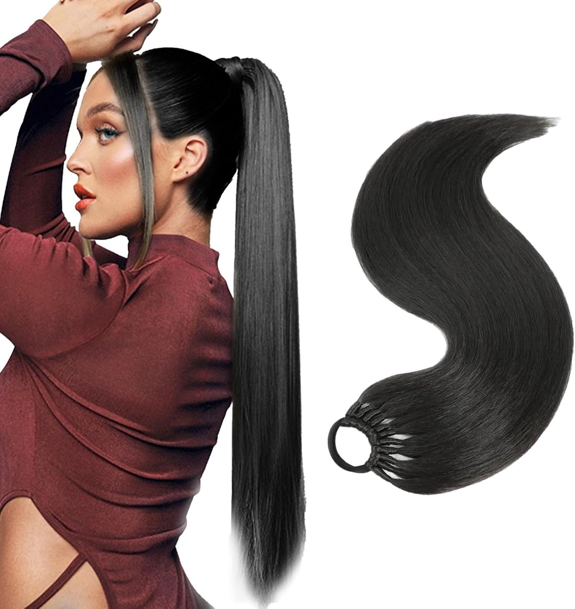 60 cm lang, gladde paardenstaart, haarstukje, synthetische haarverlenging, vlecht, paardenstaart, extensions, vlecht voor dames en meisjes, zwart