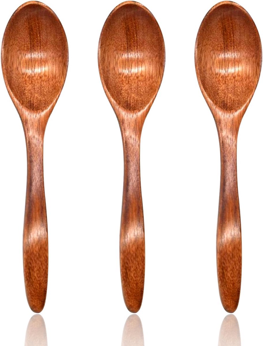 lepelset van 3, klein voor kruiden, dessert- en honinglepel, hout, mengen en roeren (18 cm)