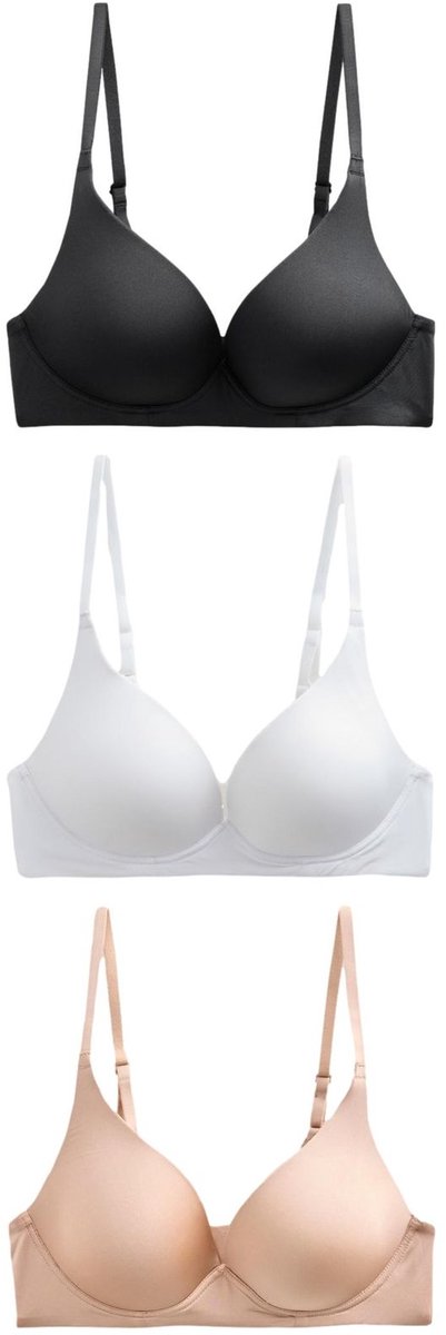 Next Dames - Set van 3 gladmakende A-E Ultimate Comfort T-shirt-bh’s, met vulling, zonder beugels - Huidkleur Black/White/Praline Nude