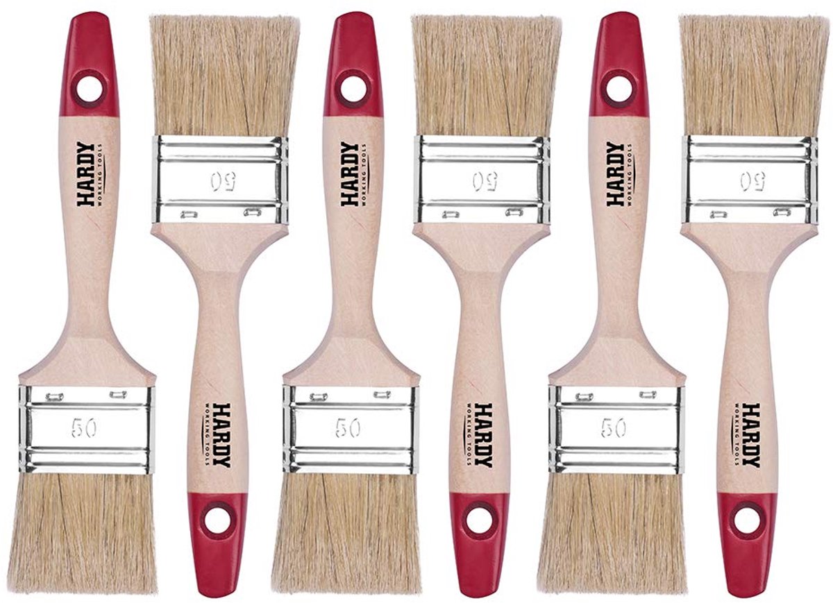 SnelShoppen - 6x Platte Kwastenset 50 mm Houten Handvat Natuurlijke Haren Schilderskwasten Lakkwastenset Verfklussen 6 Stuks
