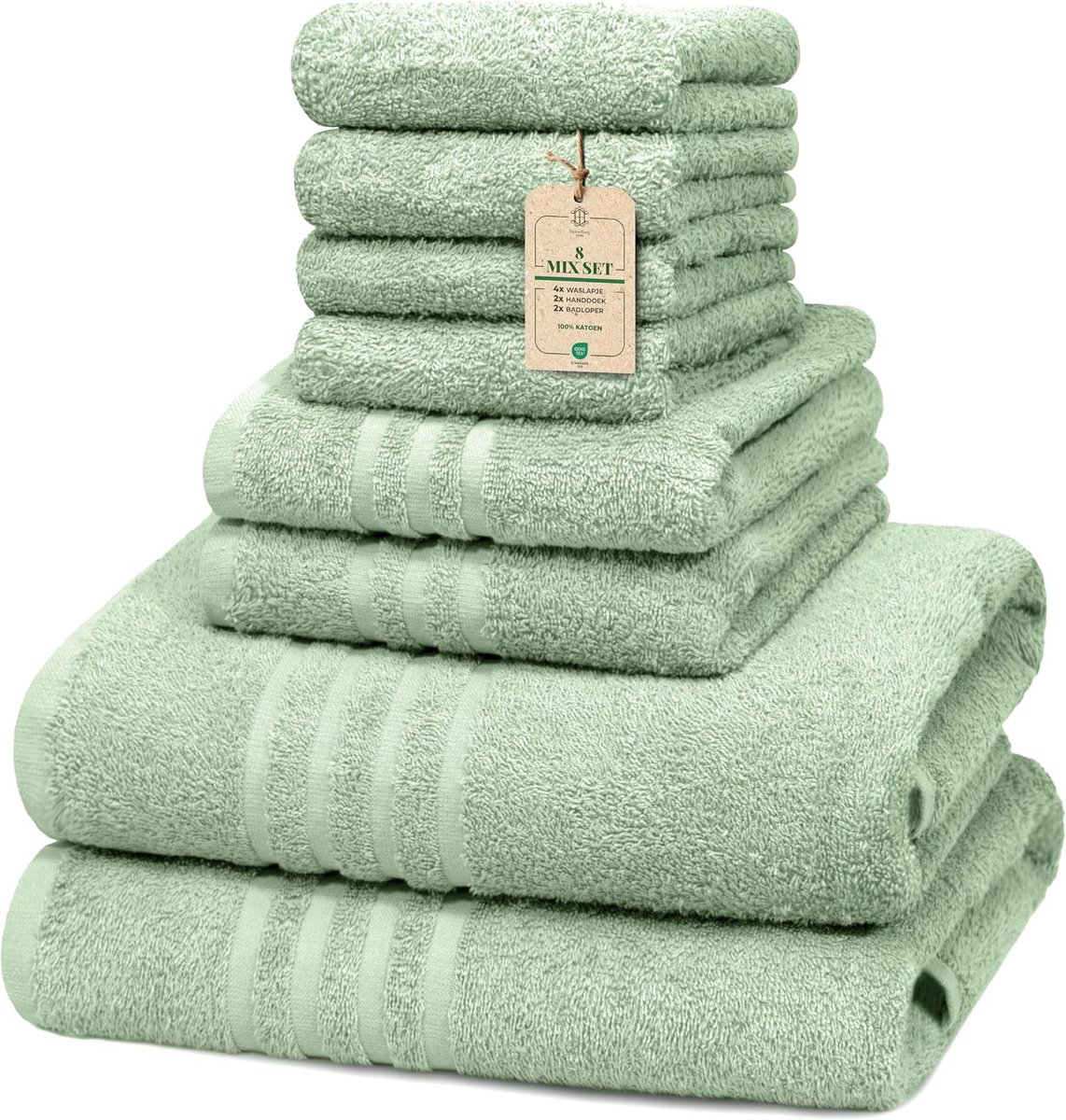 SnelShoppen - Handdoeken Set 8 Stuks Mix - Klein (30x30 cm), Medium (40x60 cm) & Groot (60x135 cm) - Zacht, Absorberend & Comfortabel, Verde Muschio