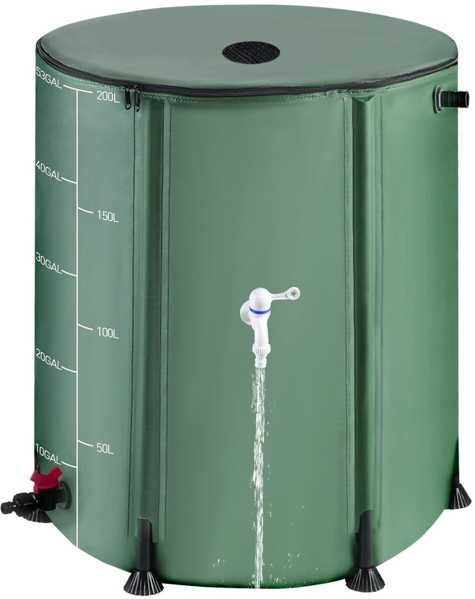 SnelShoppen - 53 Gallon Opvouwbare Regenton met 12 Stokken, 200L Draagbare Tuinopslagtank voor Regenwateropvang met Ritssluiting en Overloopset