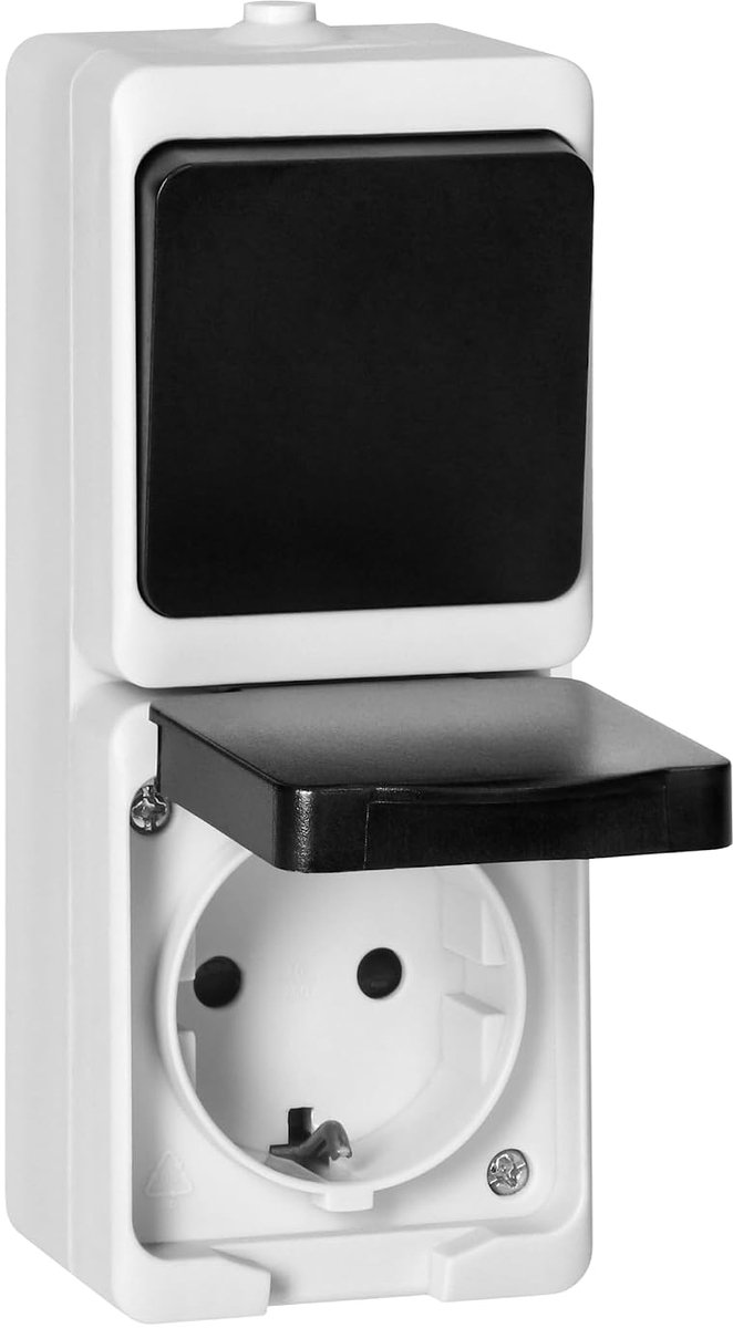 Schakelaar Opbouw + 2P+Z Schuko Stopcontact IP 54 Wit-Zwart