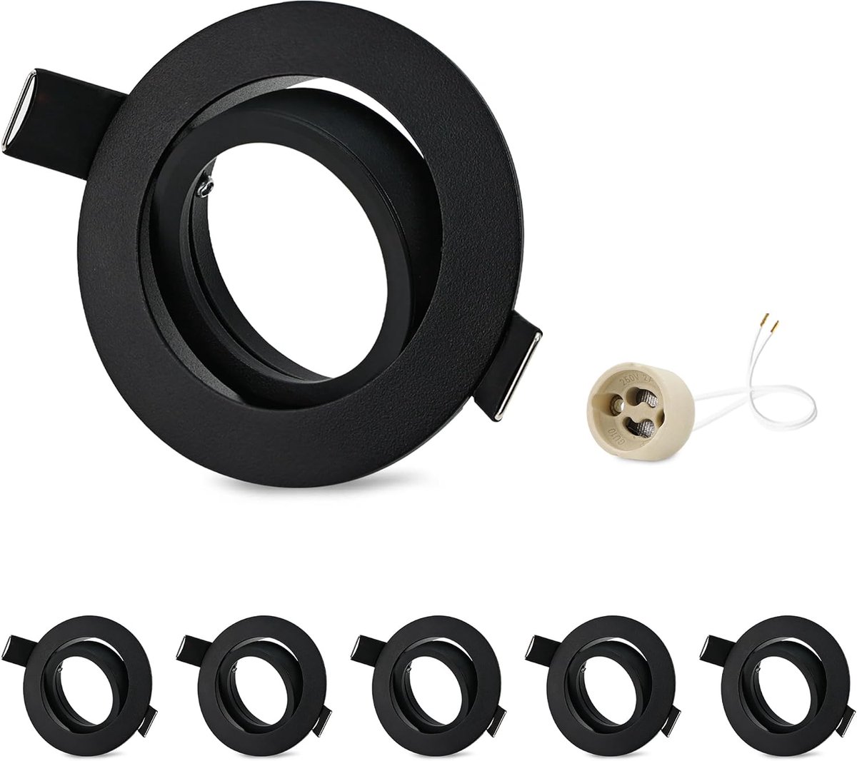 6-delige inbouwspots frame GU10 aluminium zwenkbaar zwart inbouwspots inbouwlampen spot rond gatdiameter 68-75 mm plafond inbouwspot voor halogeen MR16, incl. GU10-fitting voor 230V