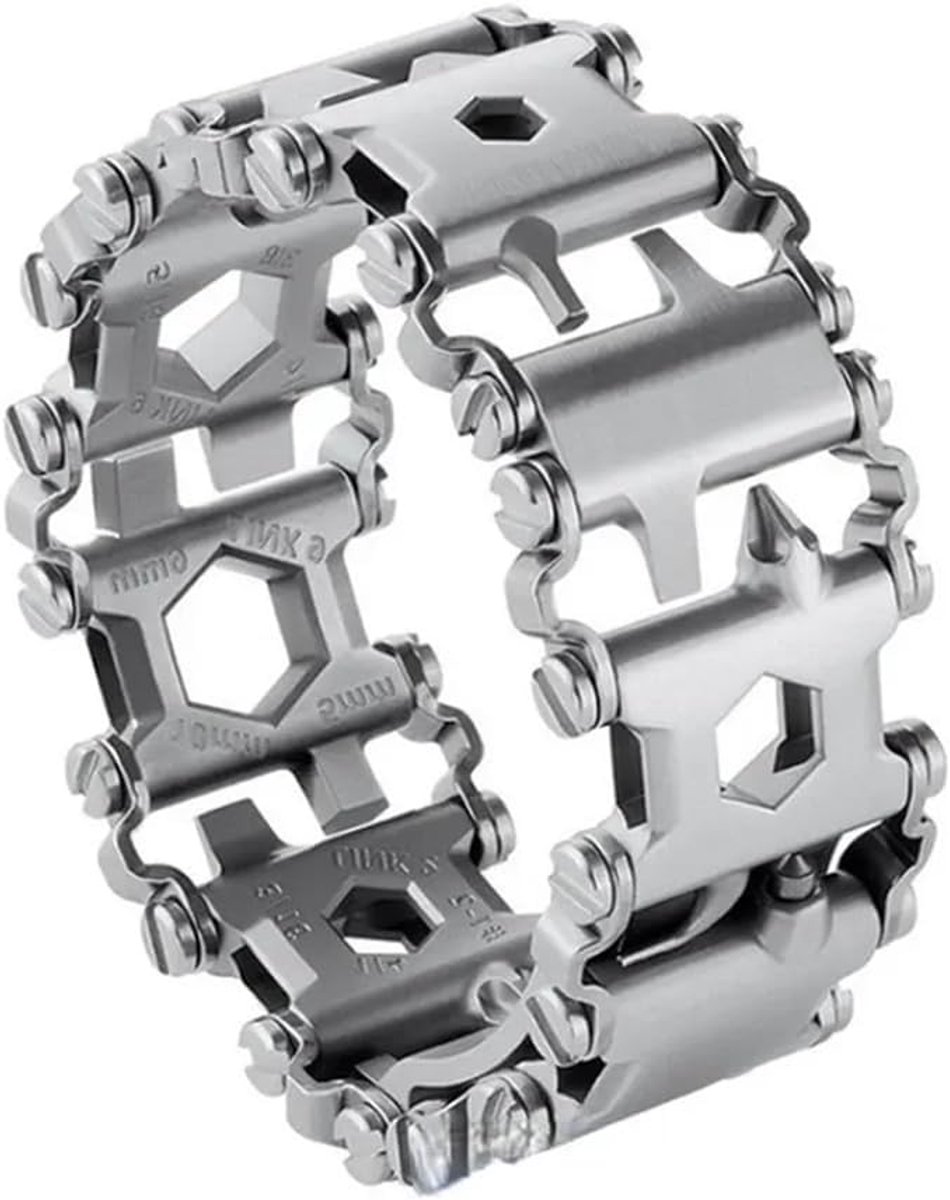 Multitool-armband voor heren – 29-in-1 multifunctioneel armband van roestvrij staal, reisvriendelijk, geschikt voor zeilen, kamperen, wandelen – Zilver, 21 cm