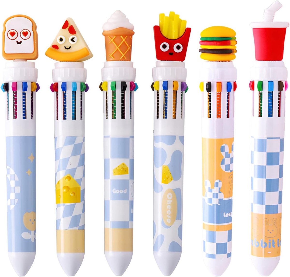 6 stuks gelpen in levensmiddelenstijl, 10-in-1, gekleurde intrekbare rollerbalpennen, hamburger, cola, ijs, brood, pizza, friet, inkt, gelpen voor school, kantoor, schrijfwaren, 0,7 mm,