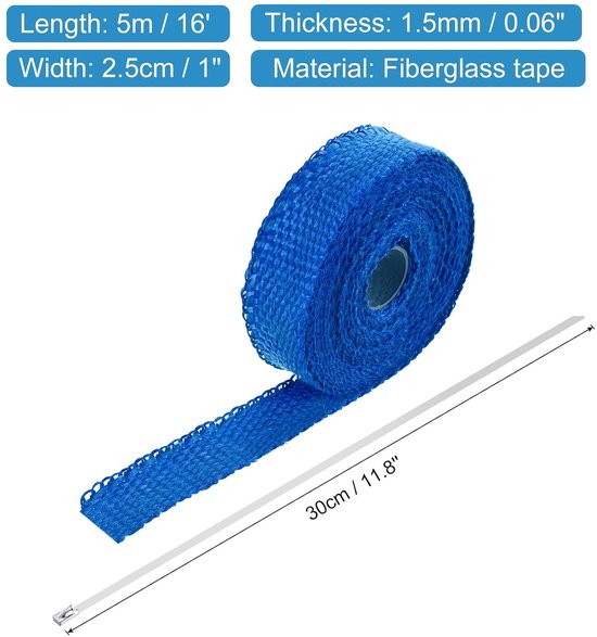 Fibreglass Uitlaatband, 1 inch x 16 inch, blauwe hittebeschermingsbandage voor hot rods en motorfietsen met 4 roestvrijstalen binders — afbeelding 5