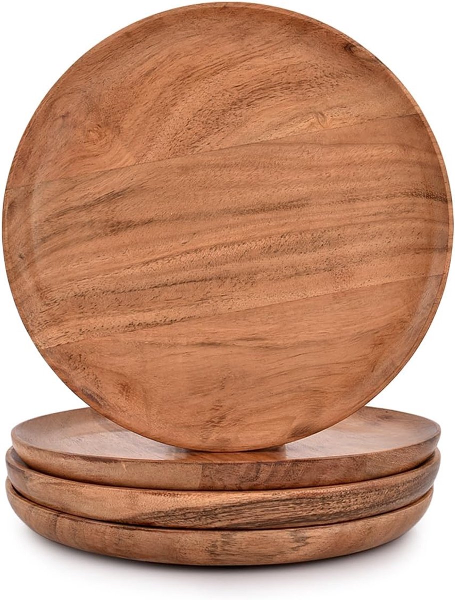 Acacia Houten Dinner Plates Set van 4 voor Snack, Natuurlijk Houten Dessert Serving Dinner Plate voor Dinner (20,32 cm x 20,32 cm x 1,90 cm)