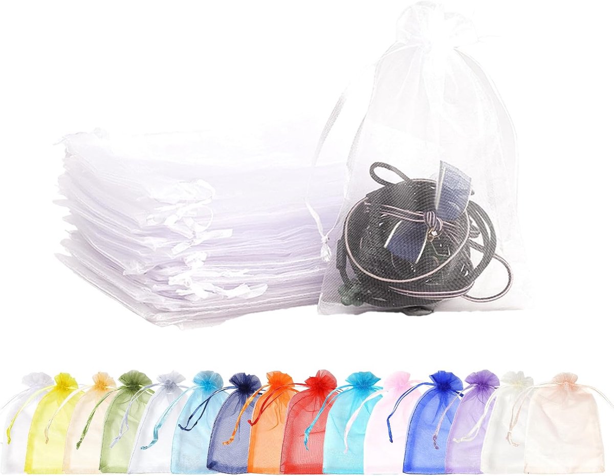 100 stuks witte organza geschenkzakjes, 7x9cm kleine organza bedankjeszakjes, bruiloft sieraden zakjes met trekkoord, mesh snoep bedankjeszakjes feest zoete zakjes voor verjaardag, bruiloft