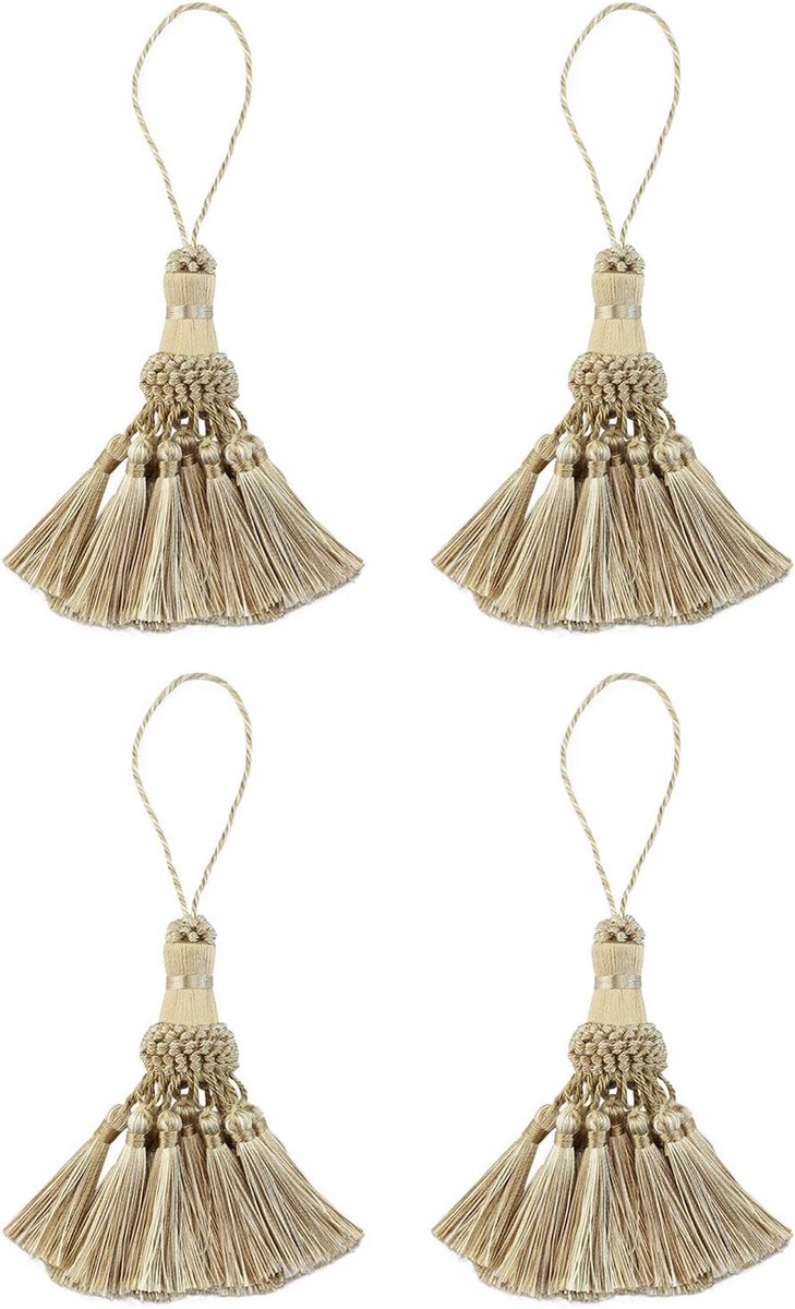 Set van 4 elegante polyester kwastje kleurrijke ambachtelijke kwastjes Charmes sleutelhanger DIY accessoires voor gordijn en interieur (Beige)