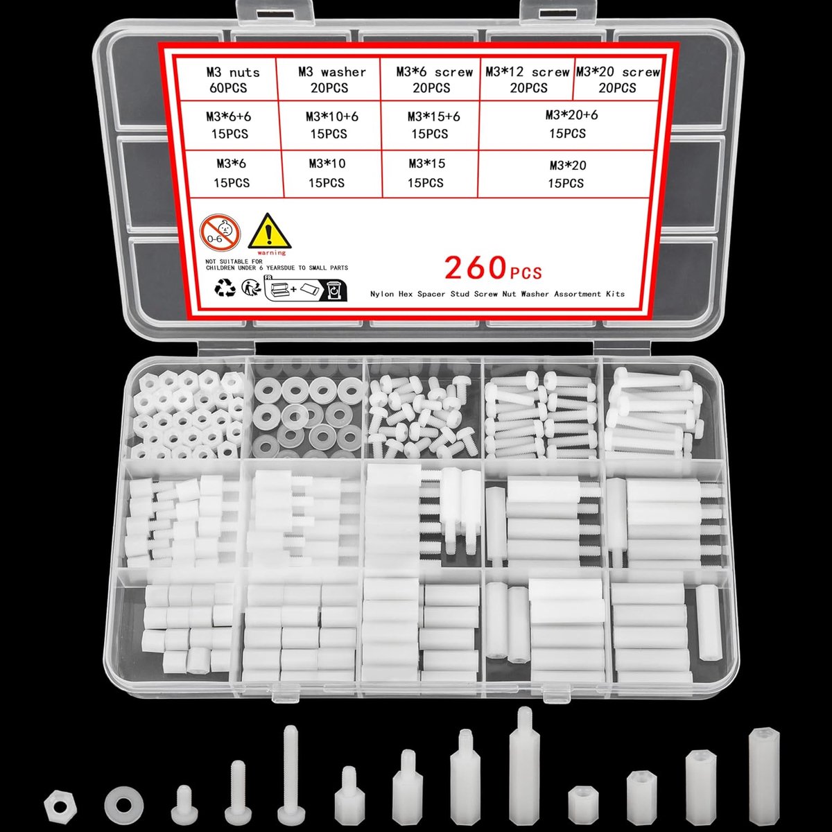 260 stuks M3 nylon zeskantschroeven, moeren, schakelafstandhouders, mannelijke vrouwelijke schroeven, moeren, assortiment, PCB printplaten, cilinderafstandhouders, assortiment, wit