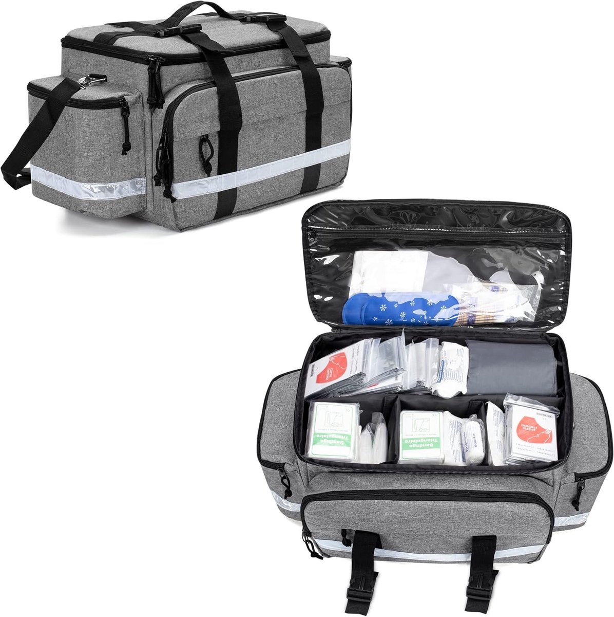 Tas voor medische accessoires, EHBO-tas met afneembare scheidingswanden en gespen aan de bovenkant voor trauma, thuisgezondheid, verpleegster, grijs, Large