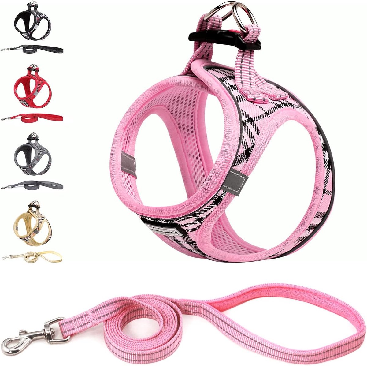 Kleine honden met riem, anti-trektuig Reflecterend ademend borsttuig, puppytuig voor kleine, middelgrote honden (M, Roze geruit)
