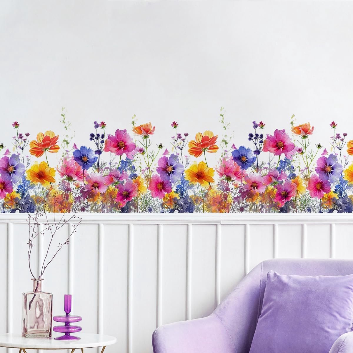 Aquarel Bloem Muur Hoekstickers Bloemen Tuin Plint Plint Lijn Muurstickers voor Slaapkamer Kinderkamer Klas Home Decor (B: 40")