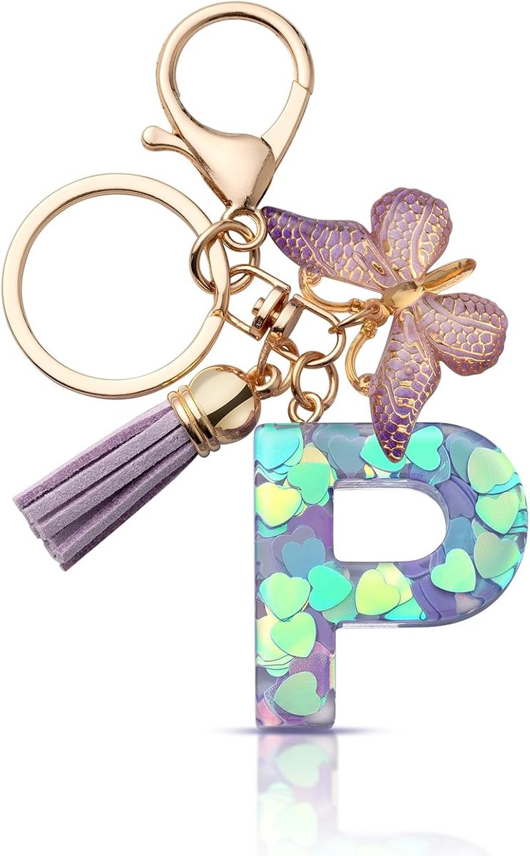 Sleutelhanger met letter meisje sleutelhanger beginletter geschenk vrouwen sleutelhanger vlinder, paars, lila