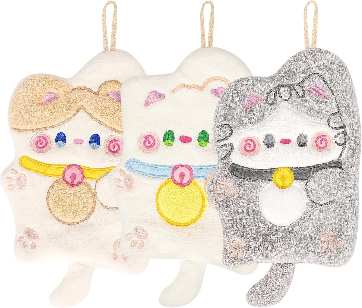 SnelShoppen - Set van 3 Schattige Kat Handdoeken met Ophanglussen, Dubbel Laags Koraal Fleece Absorberende Keuken- en Badkamerhanddoeken met Cartoon K