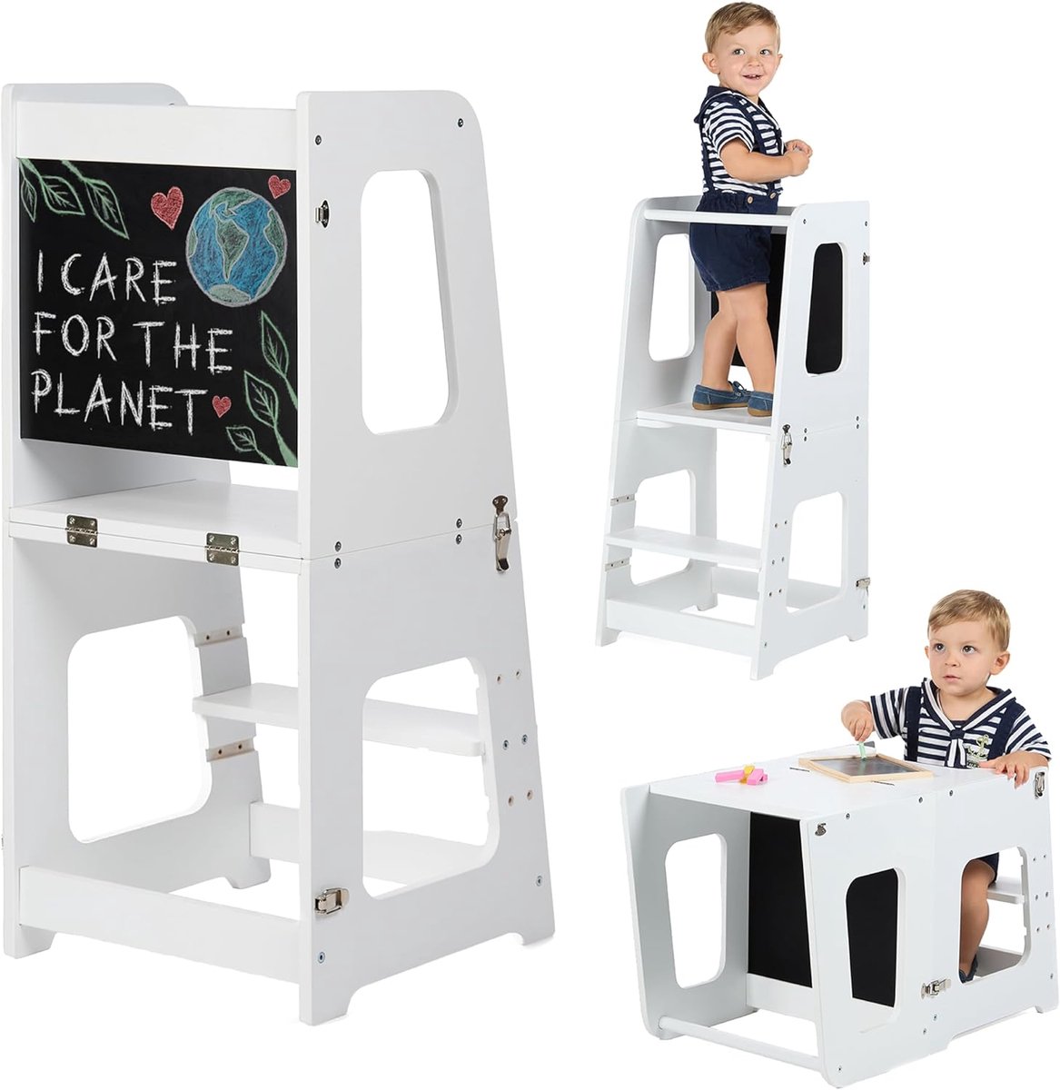 SnelShoppen - Toddler Tower Foldable - 3 in 1 Keukenstoel voor Peuters - Veiligheid, Duurzaam, Wit - Omvormbaar tot Tafel met Krijtbord - Perfect voor