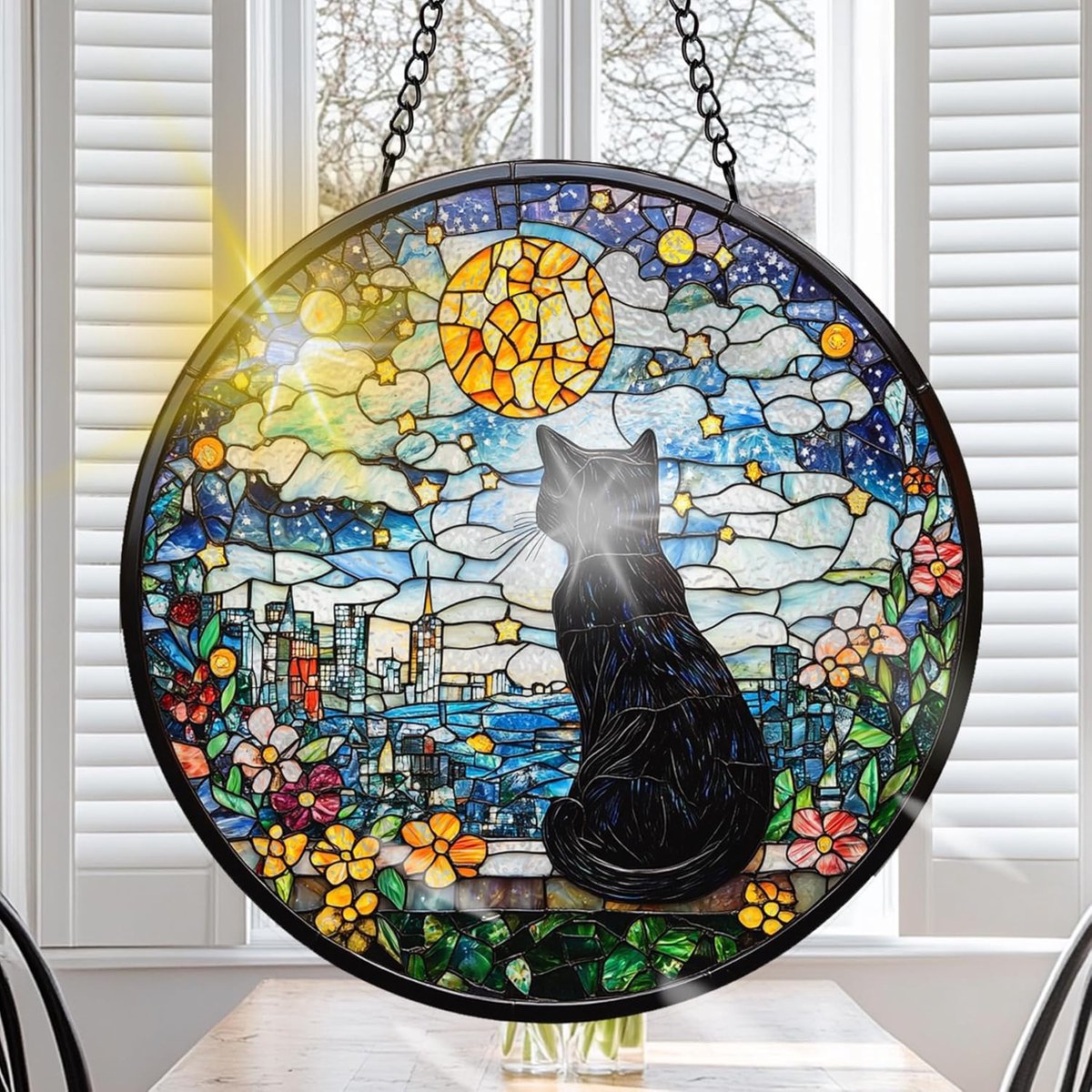 Zwarte Kat Gekleurde Glas Zonnevanger 20 cm, Decoratief Dieren Glasraam Ornament met Ketting en Ophanghaak, Raamdecoratie voor Venster, Woonkamer, Tuin of Balkon, Cadeau Idee