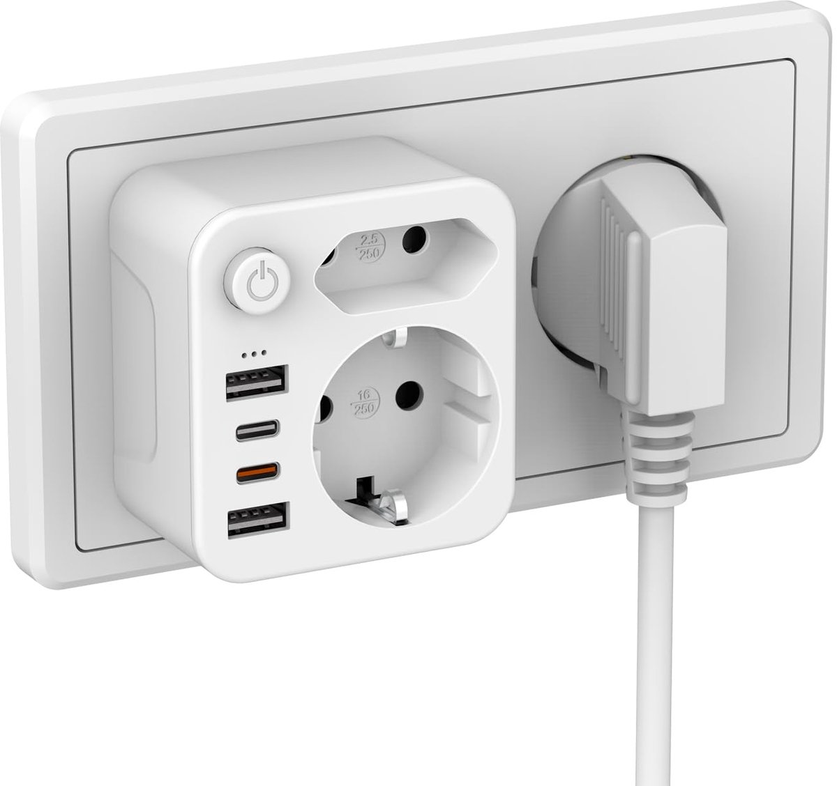 stekker voor stopcontact, meervoudige stekkerdoos met 2 USB A en 2 USB C (5 V/PD20W), energiebesparende schakelaar
