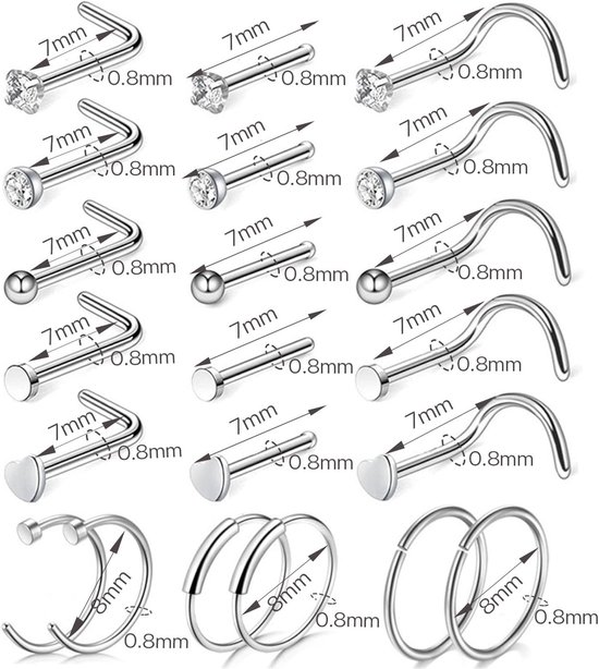 21-30 stuks, 20 g, 316L roestvrij staal, zilver/goud, schroef, straight, L-vorm, met zirkonia, nostril-piercing, sieraad voor vrouwen en mannen — afbeelding 3