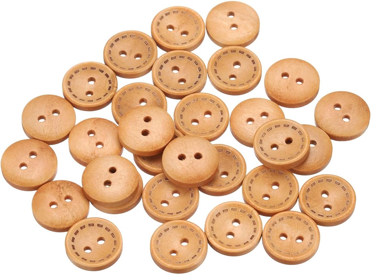 Knopen, 15 mm, houten knopen, 2 gaten, knutselknopen, ronde naaiknopen, komtype, gestippelde lijn, reserveknopen voor decoratie, jassen, kleding, vest, beige