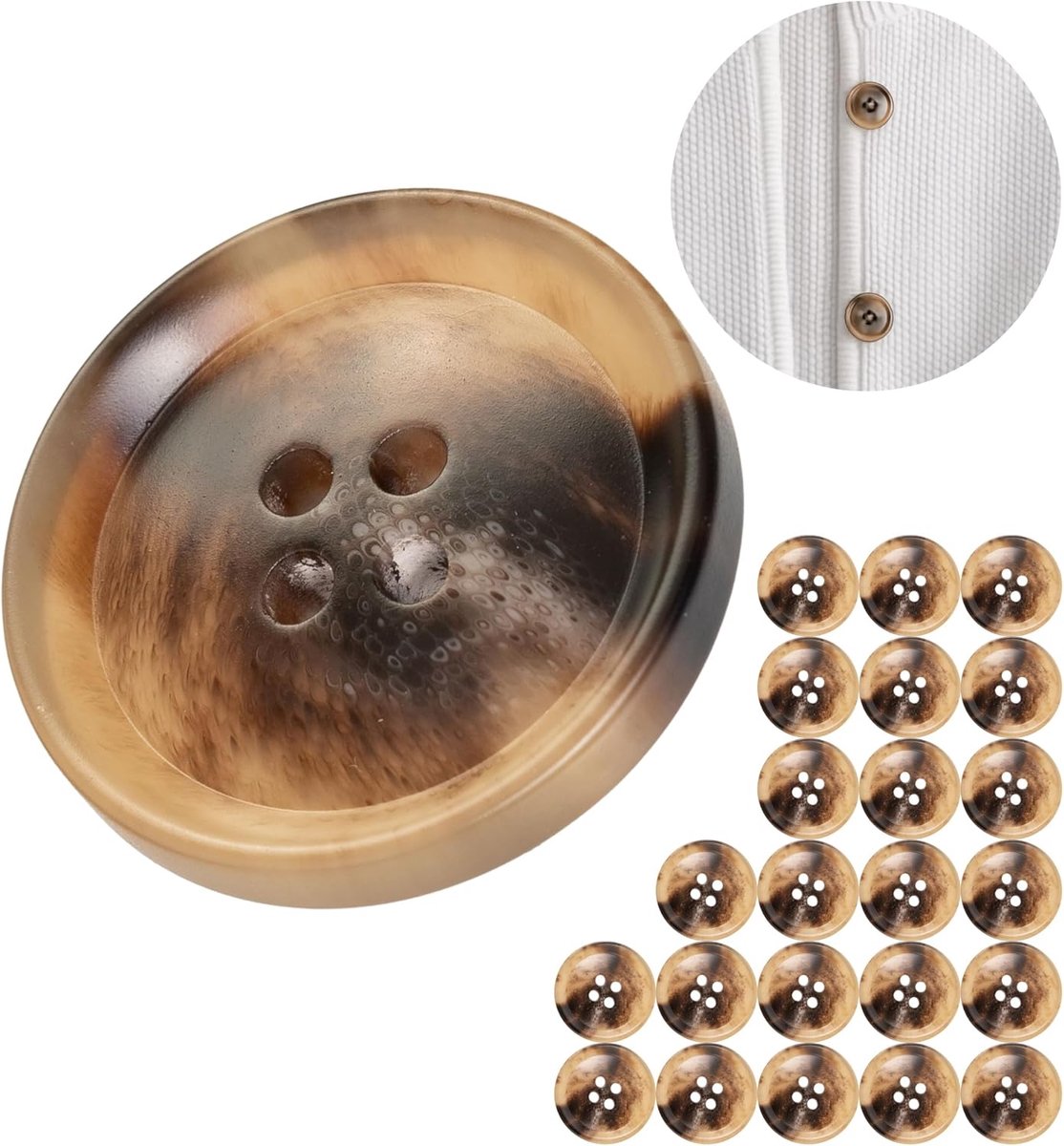 Knopen voor kleding, 24 stuks, 4-gaten, Ø 22,7 mm, bruin, van polyester, maat 36L, harsknopen voor jas, mantel, anorak, winterjas, doe-het-zelf knoop van hars, wasknopen, knutselknopen
