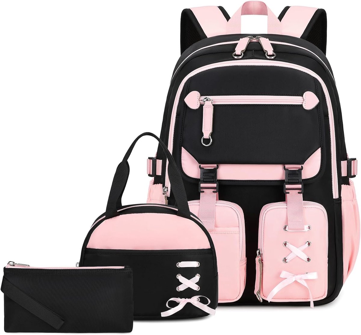 Schoolrugzak meisjes tieners, 3-delige casual schooltas voor meisjes met lunchpakket, etui, stijlvol meerdere vakken, kinderschooltas, casual dagrugzak