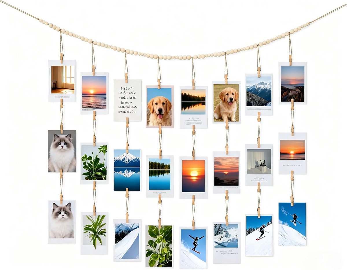 Fotodisplay met Klemmen, Boho Houten Kralen Slinger Fotolijst Collage met 28 Houten Klemmen – Fotohouder Muurdecoratie voor Slaapkamer, Woonkamer, Kantoor, Studentenhuis