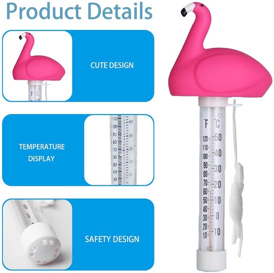 drijvende zwembadthermometer met touw, drijvende waterthermometer, voor binnen en buiten, aquaria, visvijvers (flamingo + flamingo) — afbeelding 2