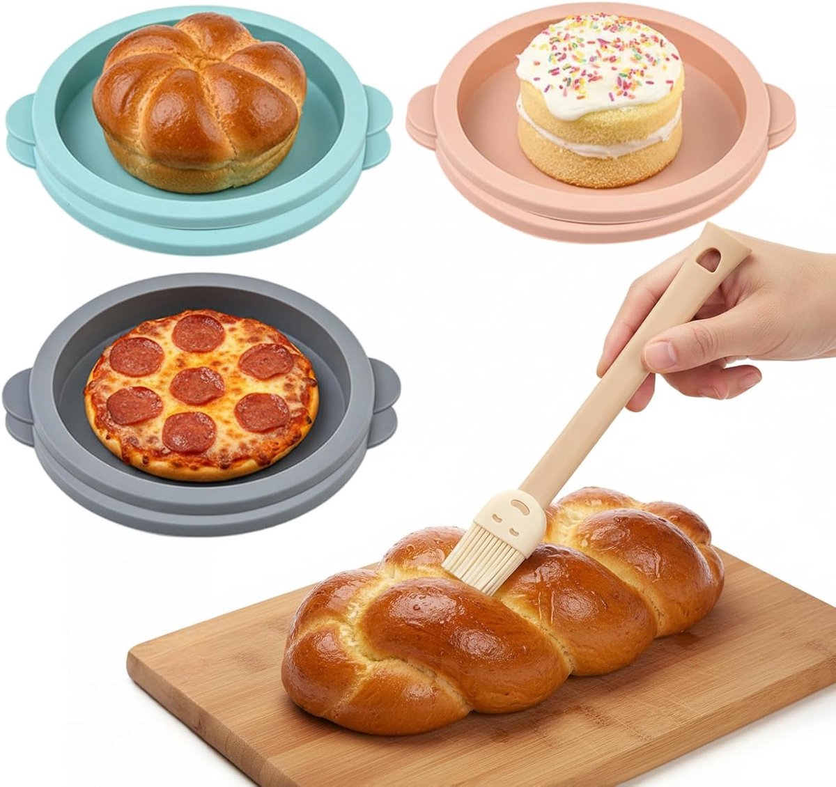 6 stuks heteluchtfriteuse-eiervormen, 1 stuk siliconen penseel, 10 cm siliconen bakvorm voor burgerbroodjes, siliconen ronde eiervorm, pannenkoekenvorm voor ontbijteieren, sandwiches, cupcakes