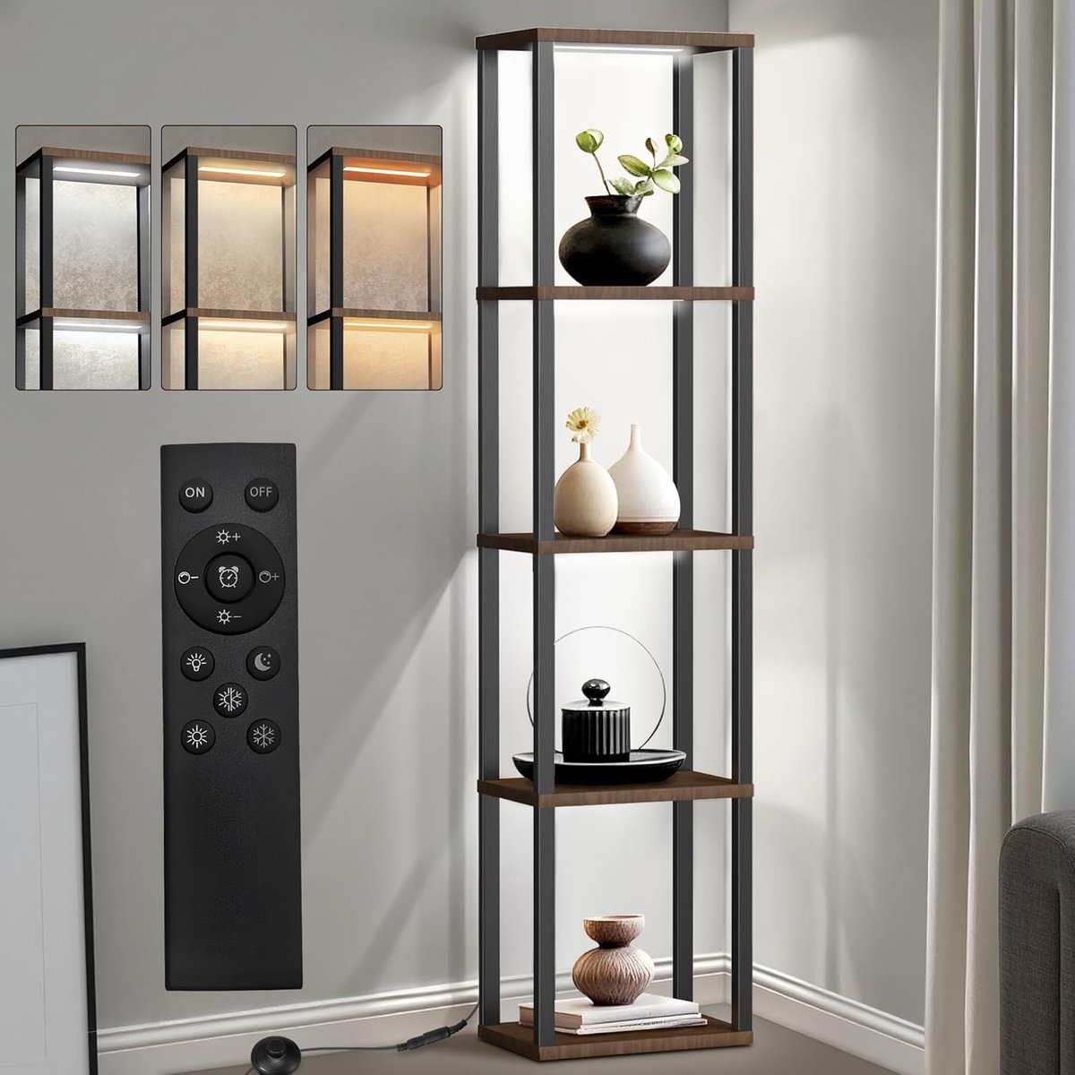 Boekenkast met ledverlichting, staande lamp met 5 niveaus met houten plank, dimbare lamp met 3 instelbare kleurtemperaturen en helderheid instelbaar, rek voor