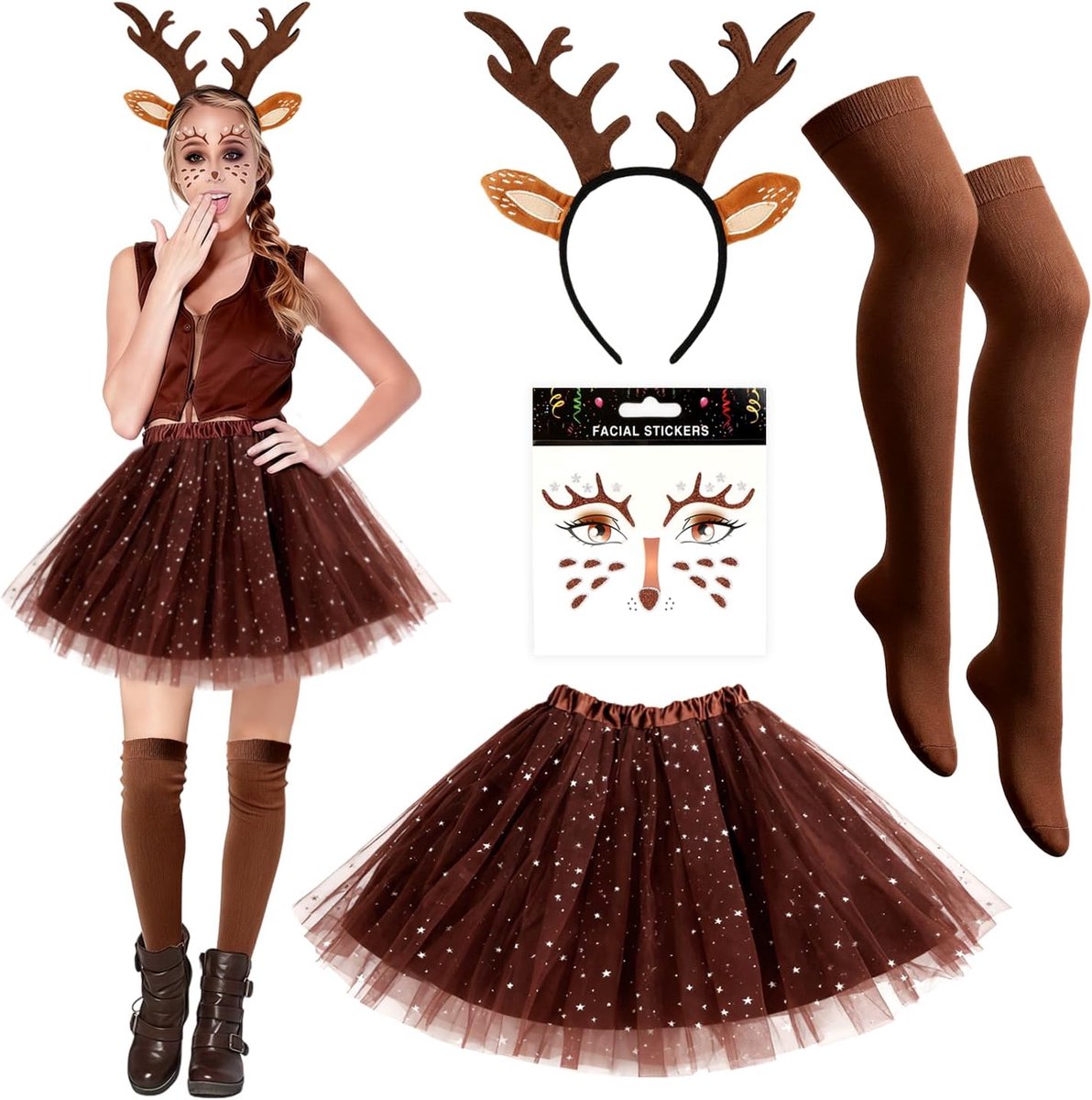 Herenkostuum voor dames, haarband + tatoeage gezicht + tule rok bruin + kniekousen, rendierkostuum, accessoires voor carnaval, Kerstmis, cosplay, themafeest