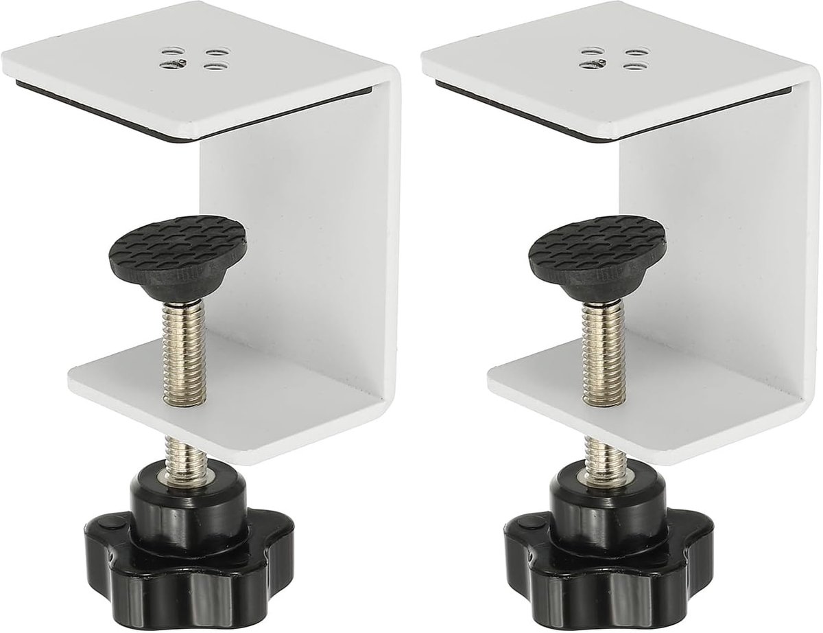 C-klemmen, 2 stuks zware metalen zwarte bureauklem, verstelbare montagetafelklem met beschermkussen voor bevestiging van acrylglas, kunststof houten platen, wit