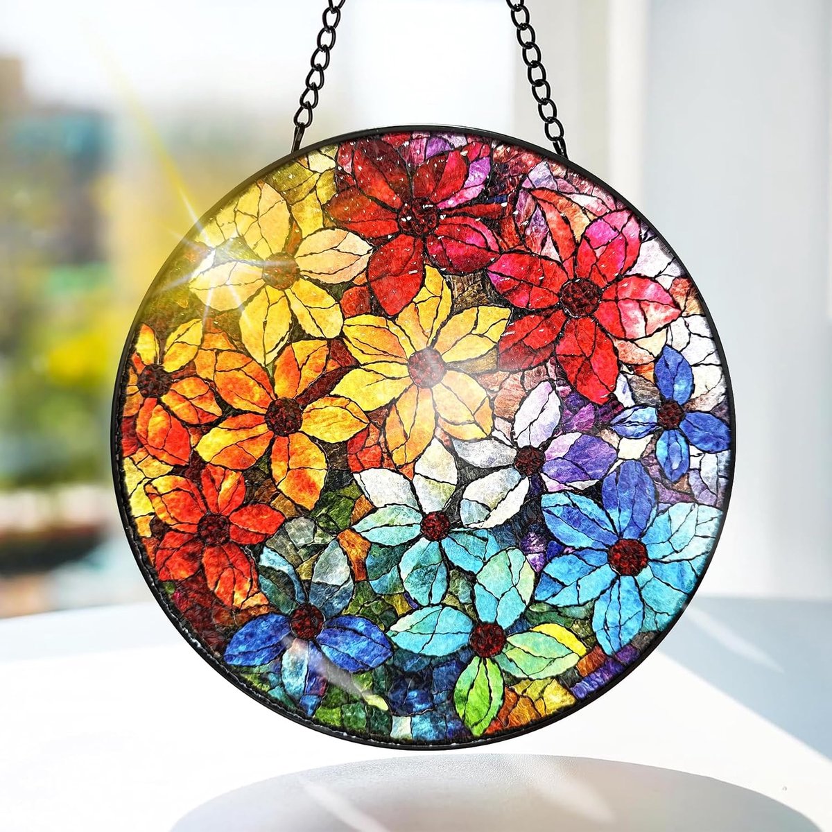Kleurrijke Bloem Gekleurd Glas Hangend - Hangende Raamdecoratie - voor Tuin, Raam en Deur, Kerst, Handgemaakte Suncatcher Decoratie 20x20 cm