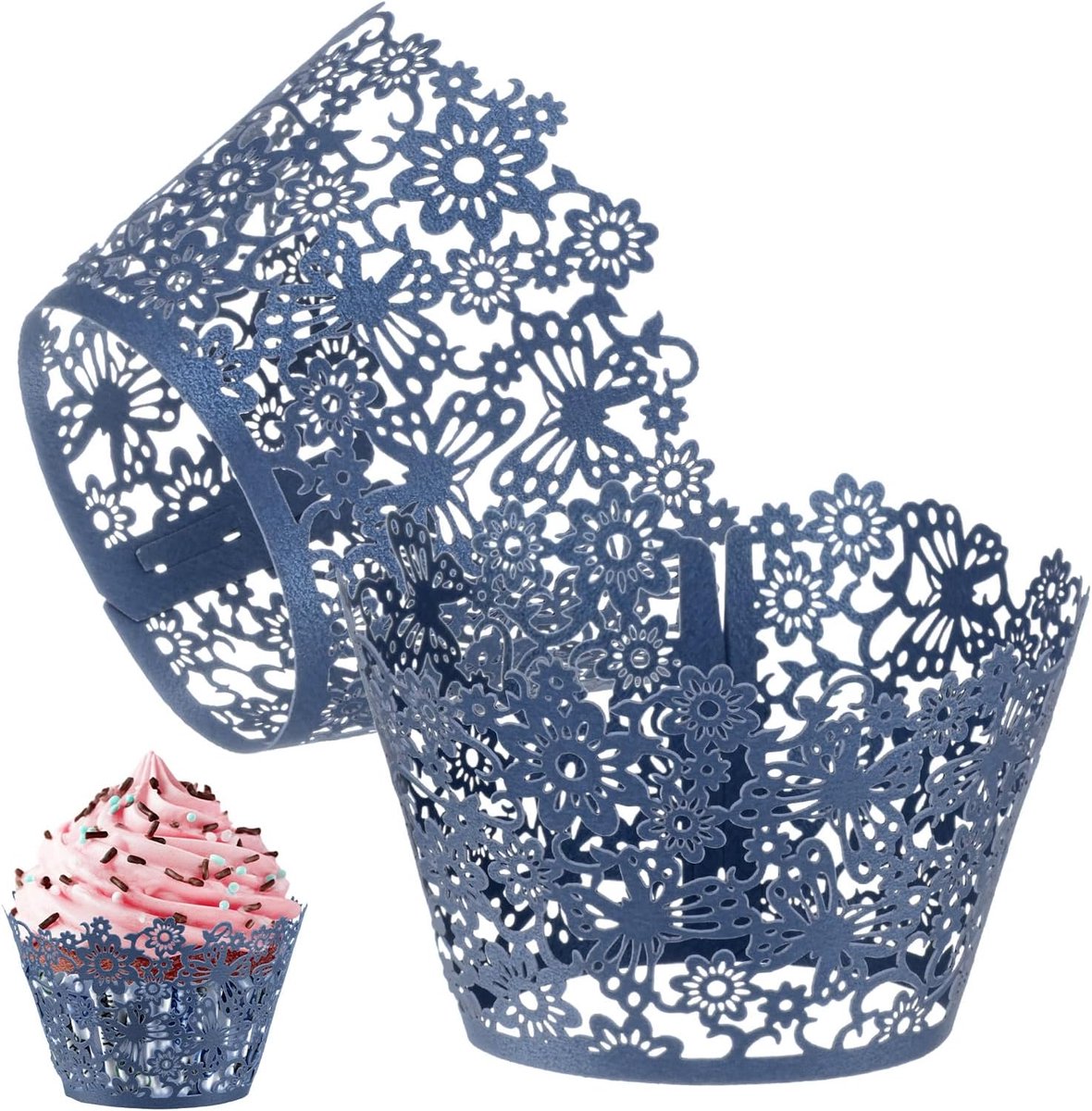 METERXITY 50 stuks cupcake-wikkels, parelmoer kunstpapier, gebloemd kant holle cupcake-voeringen voor bruiloft/verjaardagsfeestje decoratie, bakpapier voor cake [marineblauw]
