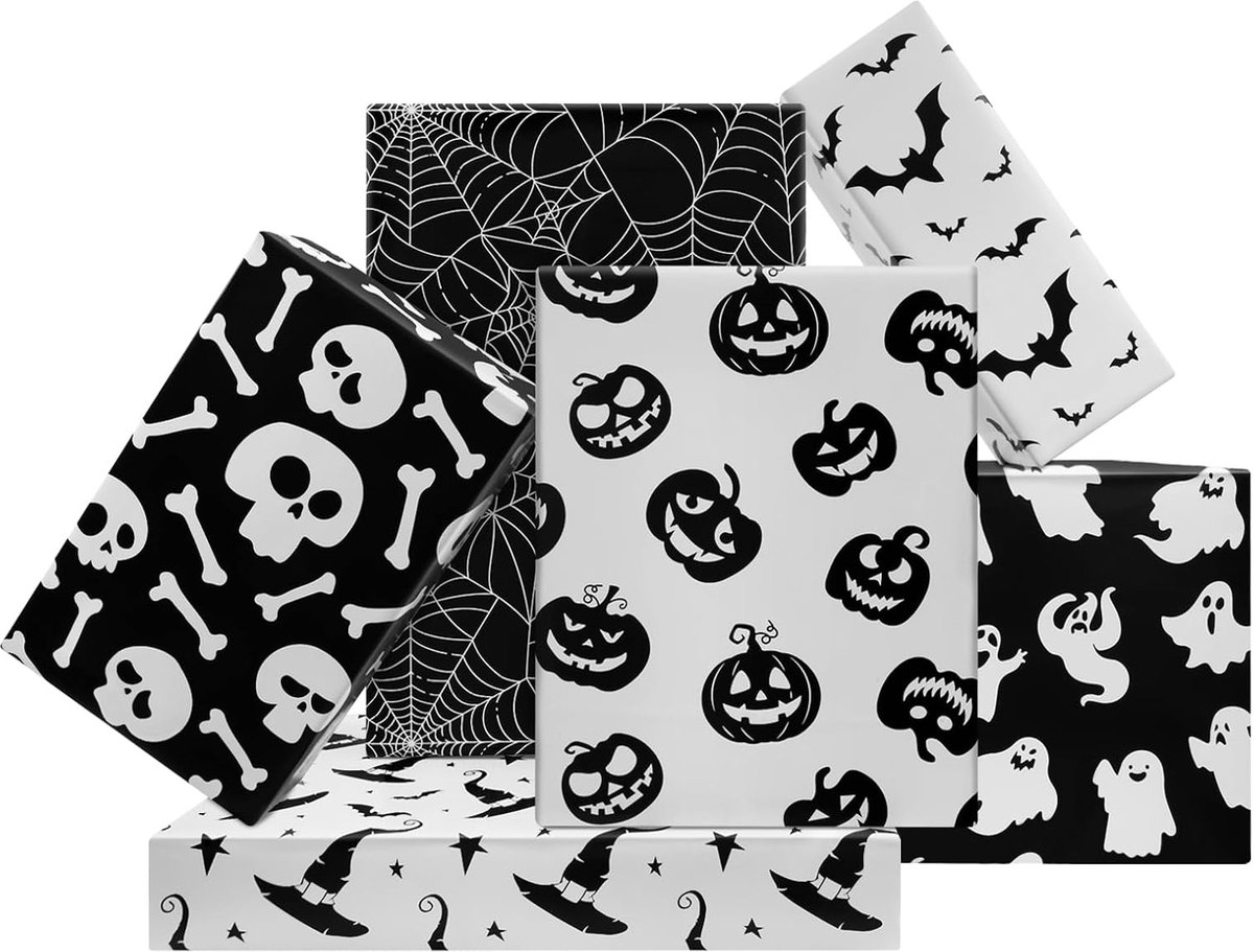 6 vellen Halloween inpakpapier - niet rol - zwart wit spook pompoen skelet spinnenweb cadeaupapier gevouwen plat doe-het-zelf kunst knutselpapier voor feestverpakking, 50 x 61 cm
