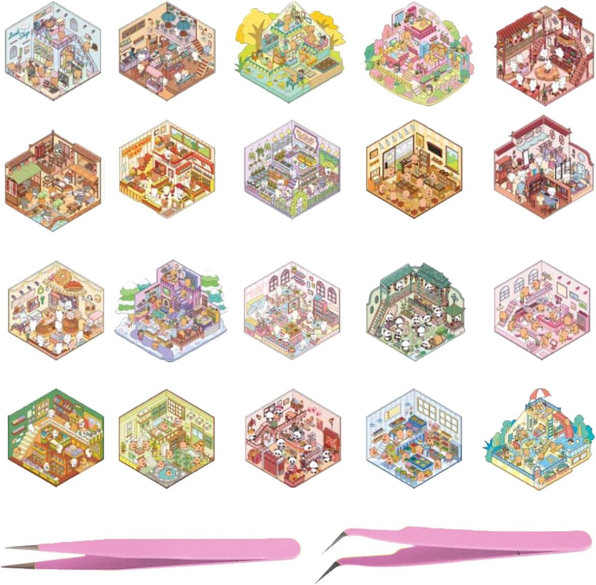 Set van 20 3D stickers voor huis - Miniatuur scène met 2 pincetten - 3D sticker scène met café, boekhandel, restaurant, voor decoratie, creatieve cadeaus, modelbouw