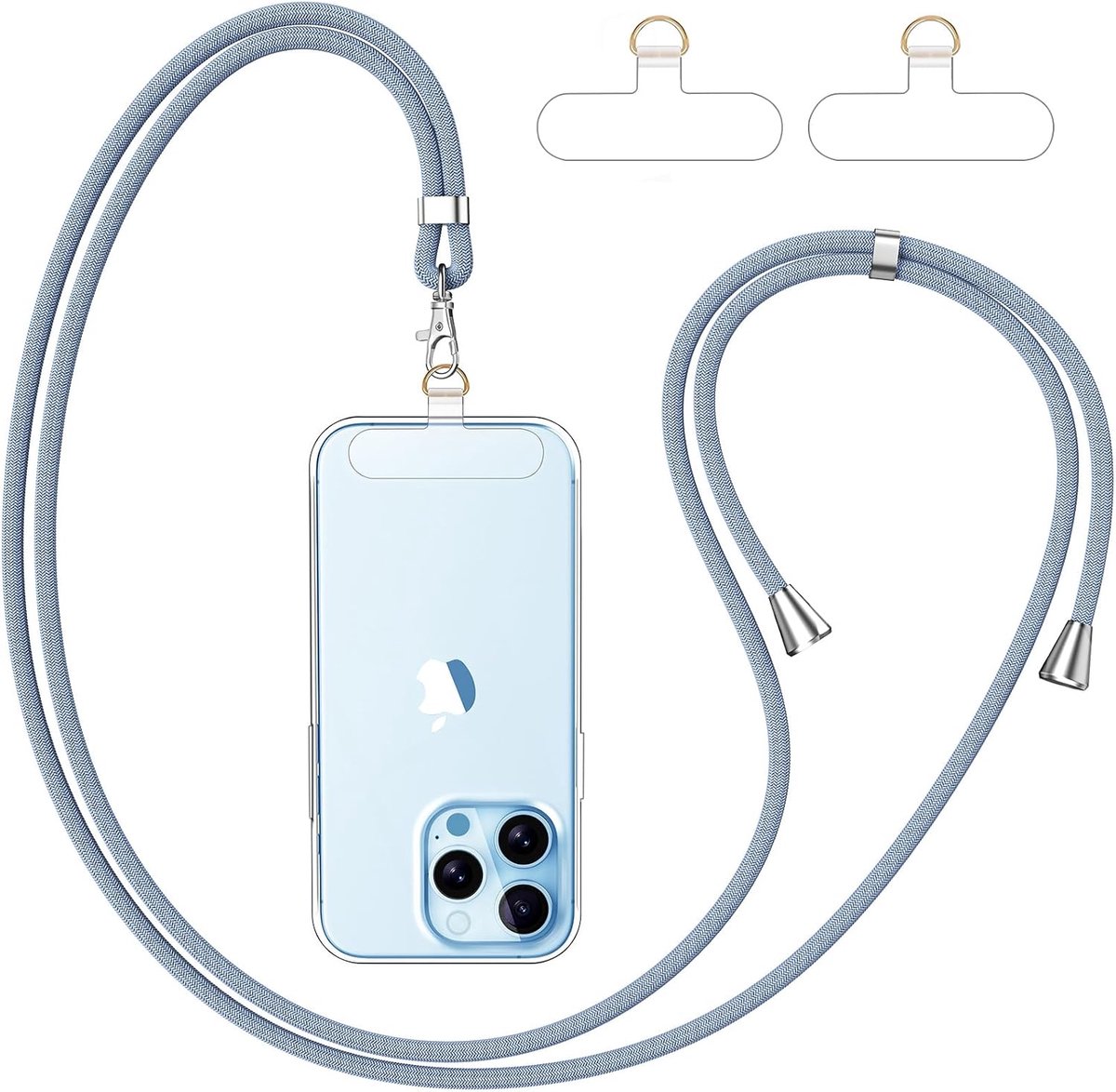caslord telefoonkoord*1, transparante universele patch*2, geschikt voor alle smartphones, telefoonkoord te combineren met elk hoesje, verstelbaar en afneembaar, Blauw + Transparant