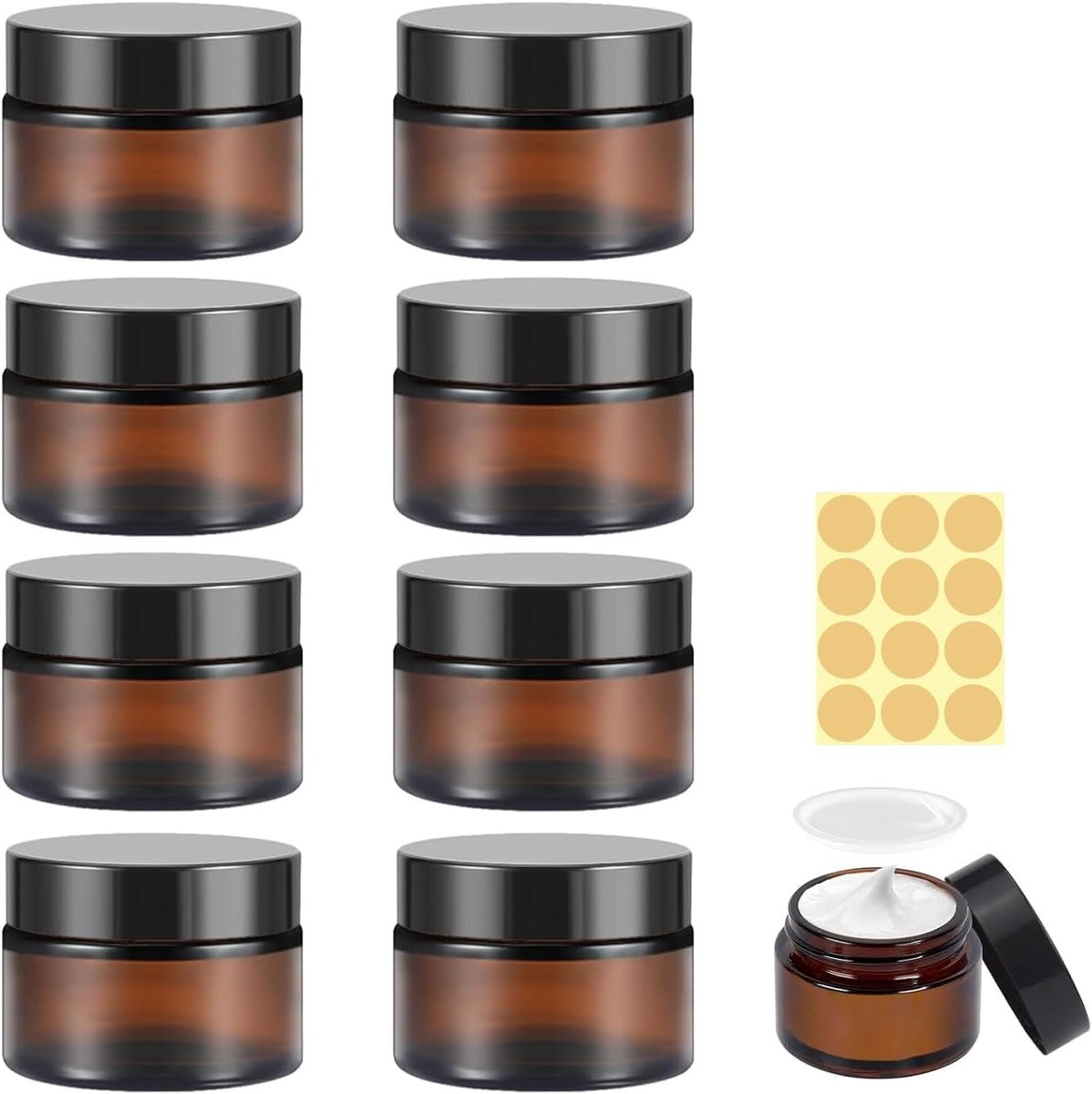 Set van 8 Amber Glazen Potjes voor Cosmetica, Crème, Lotion en Stickers met Lepel - Herbruikbare Lege Verpakkingen