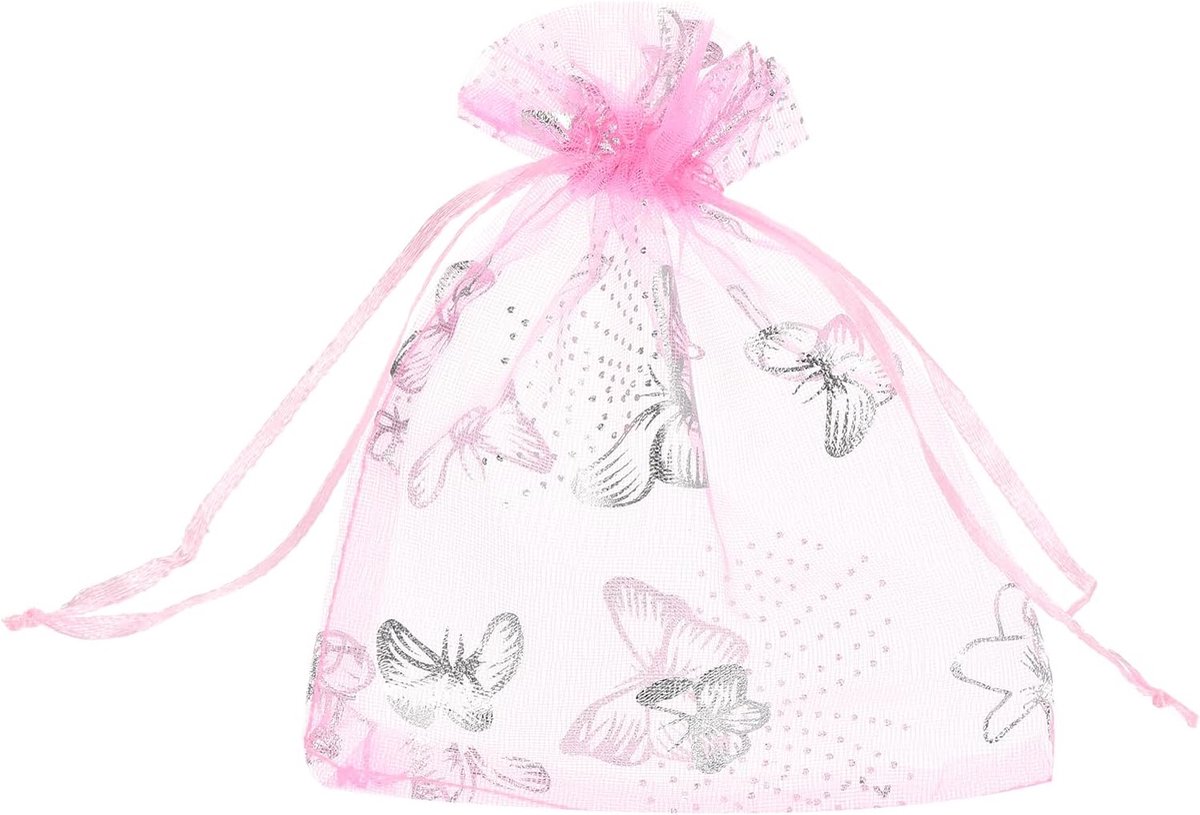 Organzazakjes, 100 stuks, 10 x 12 cm, cadeauzakjes, sieradenzakjes, vlinderpatroon, mesh-zakjes met trekkoord, organzazakjes voor bruiloft, feest, snoep, roze-zilver